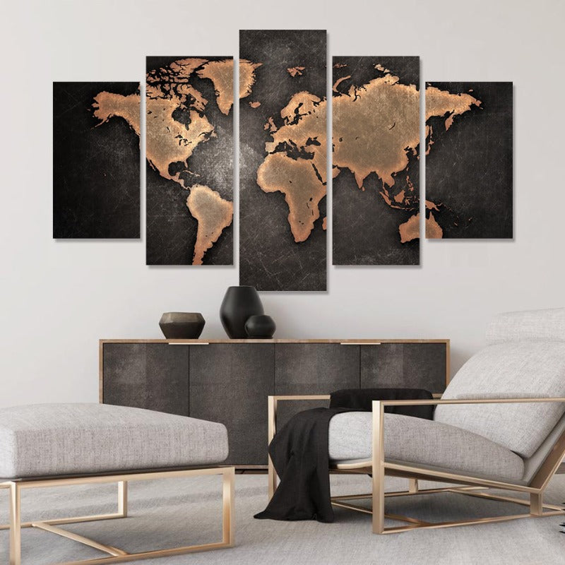 5-teilige braune Weltkarte - Leinwand Wandkunst Gemälde
