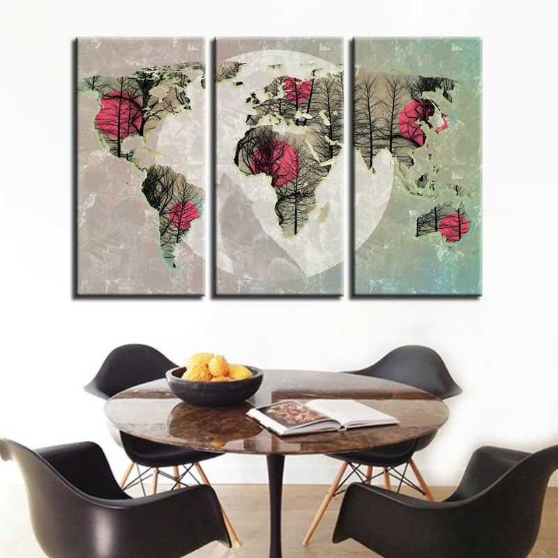 Schöne abstrakte rosa Sonnen-Weltkarte-Canvas-Wandkunstgemälde 3 Teile