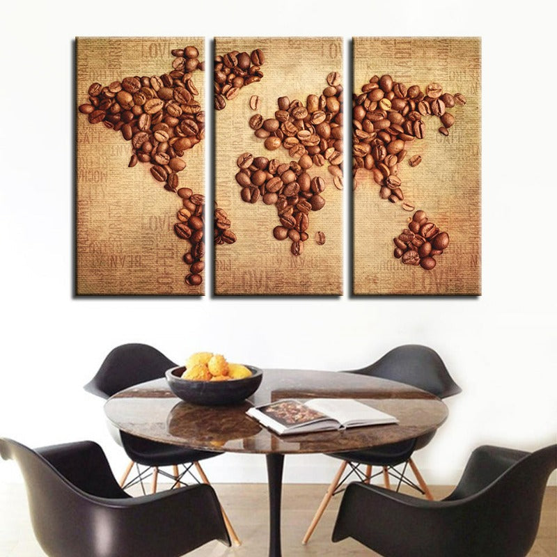 Schöne abstrakte Kaffeebohnen-Weltkarte - Leinwand Wandkunst Malerei 3 Teile