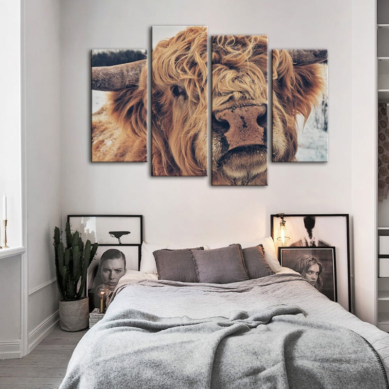 4-teilige Nahaufnahme Braun Kuh - Leinwand Wandkunst Gemälde | Karnz