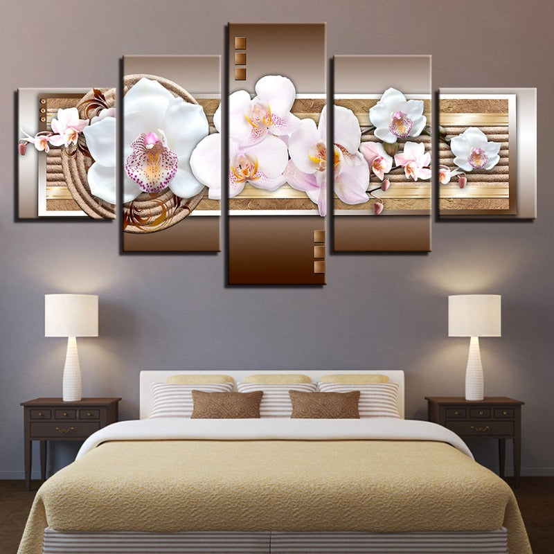 5-teiliges Metallic-Hintergrund Weißer Blume - Leinwand Wandkunst Gemälde