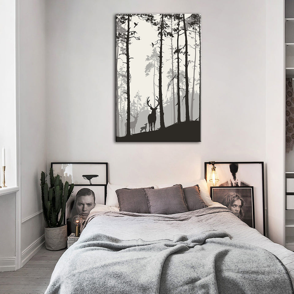 Silhouette einer Hirschfamilie – Leinwandbild