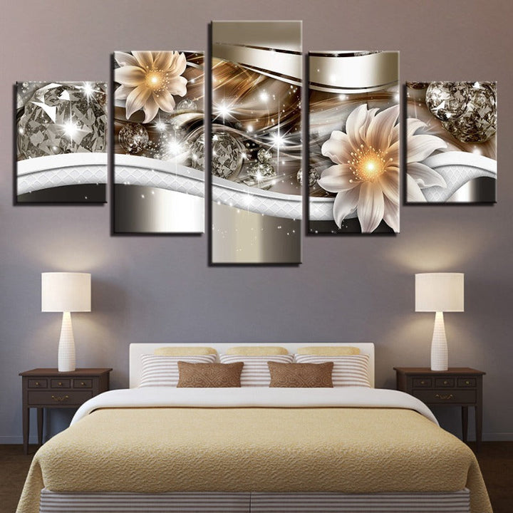 5-teiliges Golden Glow Hue Weiße Blume - Leinwand Wandkunst Gemälde