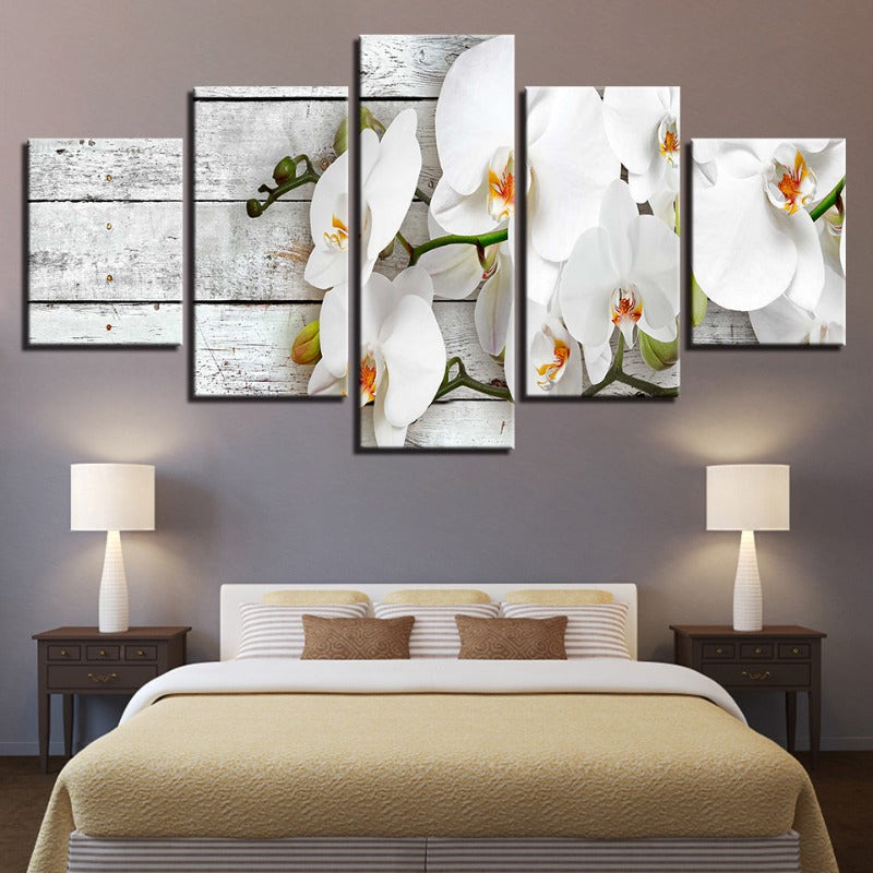 5-teiliges oranges Farbweiss-Blumen - Leinwand Wandkunst Gemälde