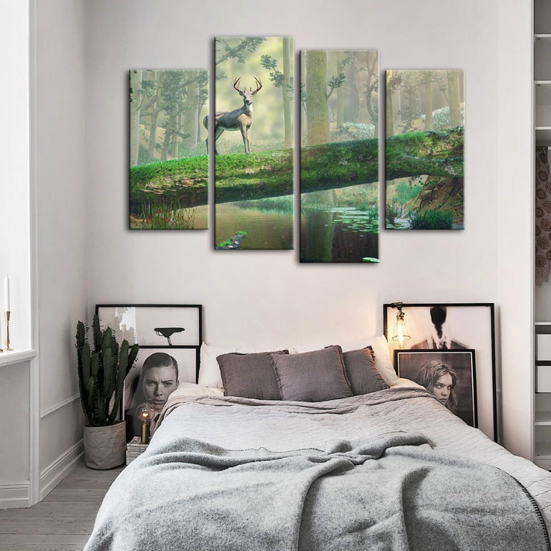 4-teiliges Verzaubertes Wald Reh - Leinwand Wandkunst Gemälde