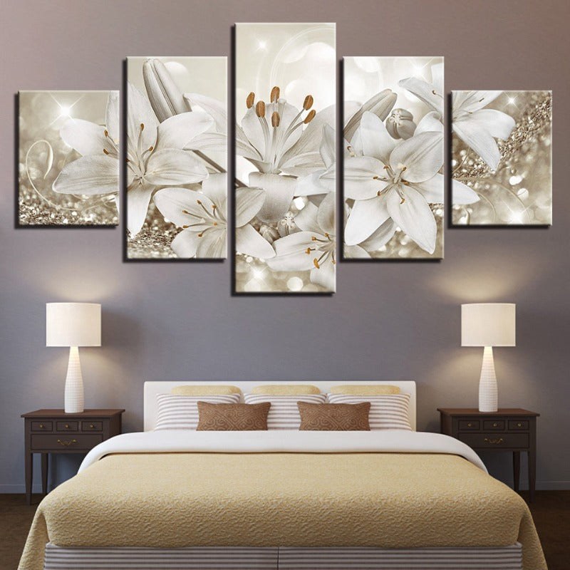 5-teiliges Golden & Weiß Hintergrund Blumen - Leinwand Wandkunst Gemälde