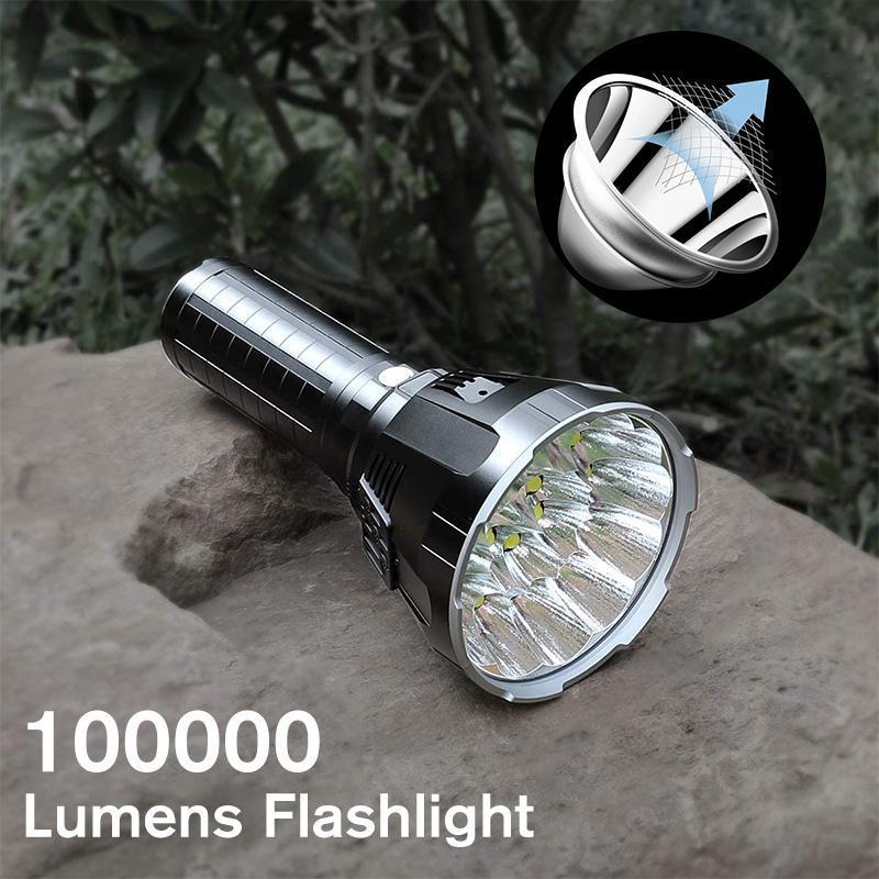 Karnz | MS18 Hochleistungs-LED-Taschenlampe | 100.000 Lumen | 18x Cree XHP70 2.0 LEDs | 2,3 km Reichweite | IP56 Wasserdicht | OLED-Statusdisplay | Inkl. Akku-Pack