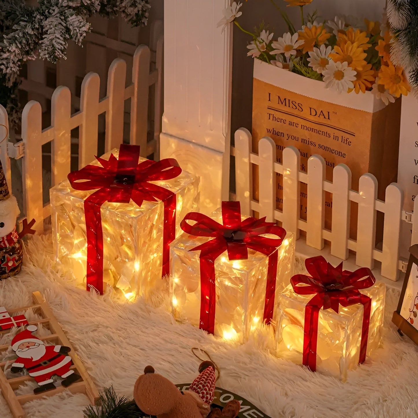 Leuchtende Geschenkboxen im 3er-Set – Transparente Weihnachtsdekoration mit roten Bändern | Für drinnen und draußen
