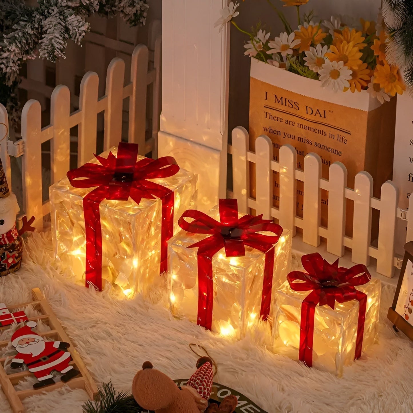 Leuchtende Geschenkboxen im 3er-Set – Transparente Weihnachtsdekoration mit roten Bändern | Für drinnen und draußen
