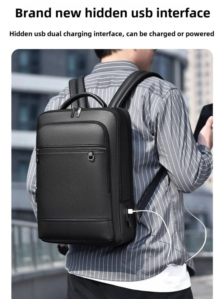 Eleganter Lederrucksack für Damen und Herren mit USB-Anschluss für Laptop und den täglichen Gebrauch, 15,6 Zoll, schwarz