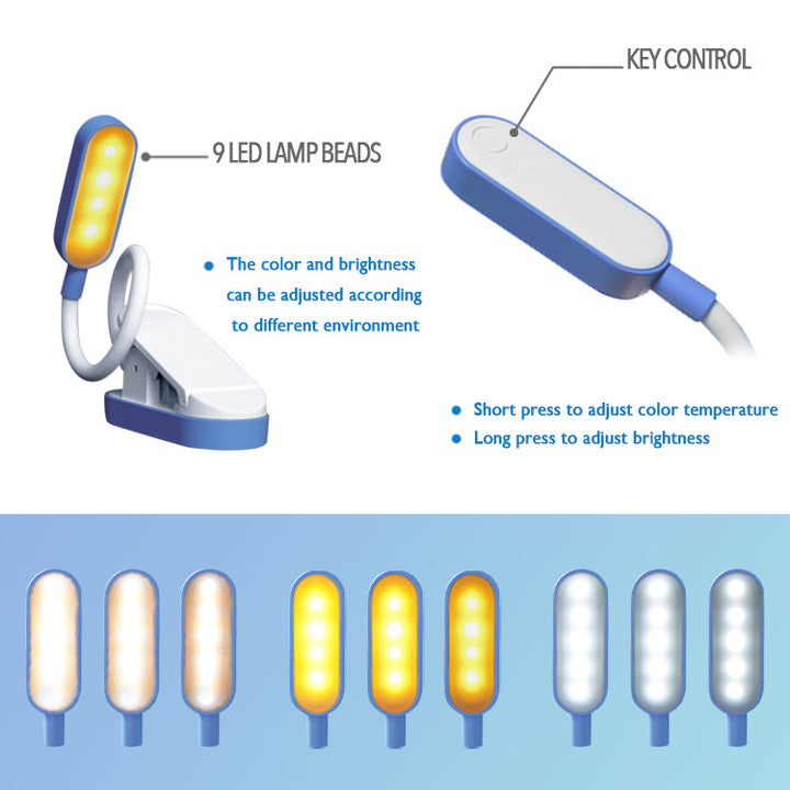 LED-Klemmleuchte für Bücher, USB-aufladbar