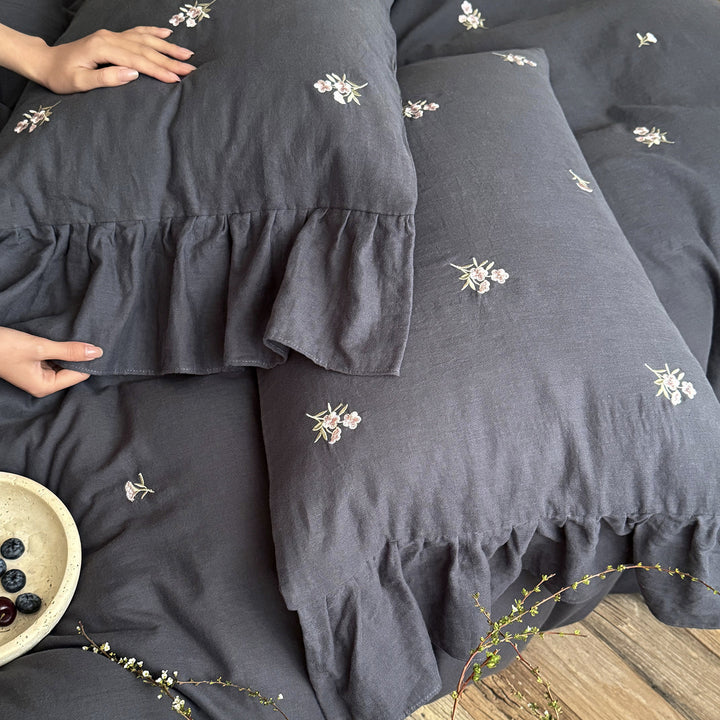 Baumwoll-Bettwäscheset, Crinkle-Gewebe mit Präzisionsstickerei
