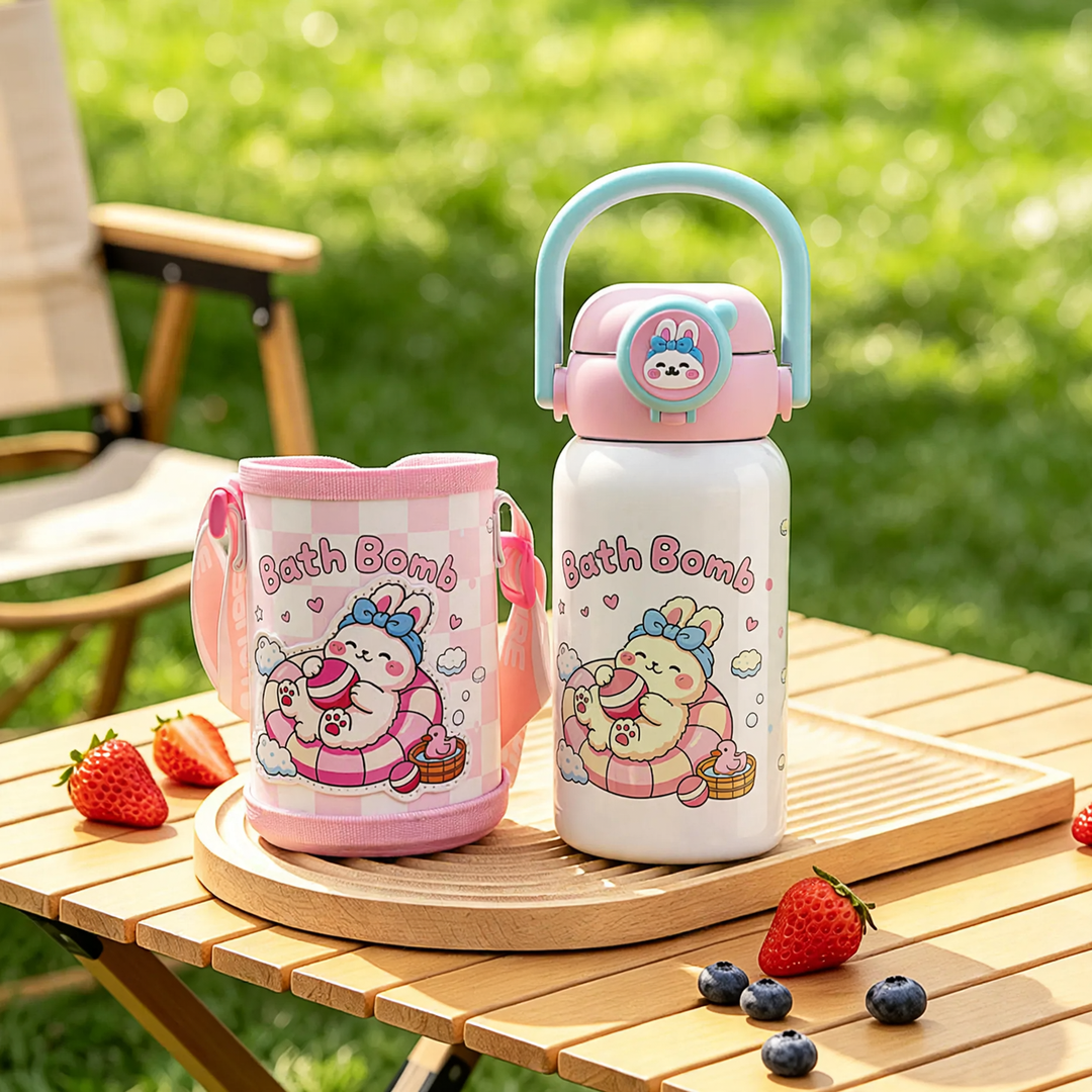 Kinderthermosflasche mit Saugnapf und Trinkhalm