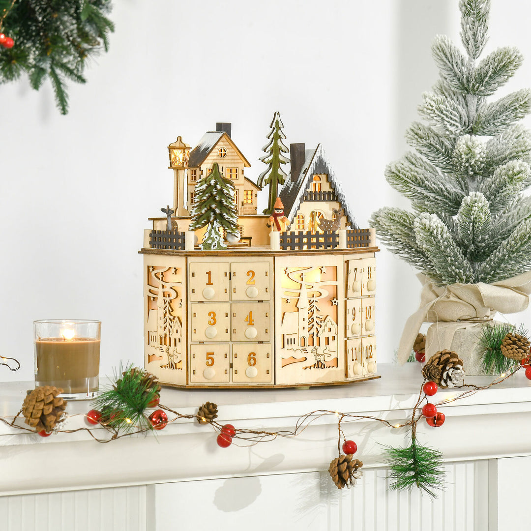 Holz-Adventskalender mit Musik und Dorf-Szene