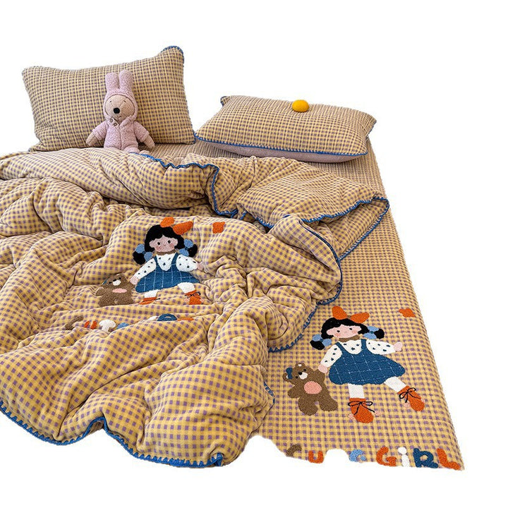 Milchfaser-Fleece-Bettwäsche-Set mit Cartoon-Stickerei