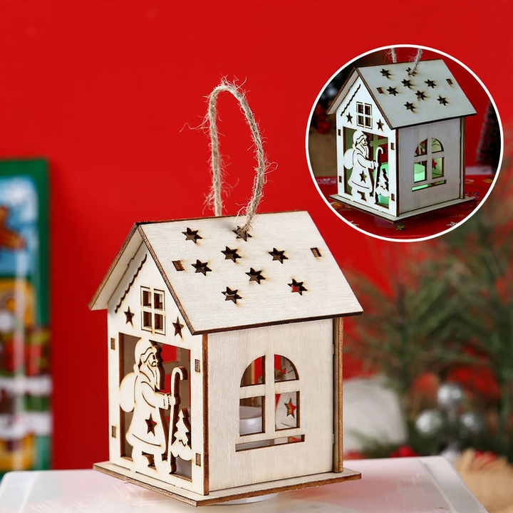 Beleuchtetes Holzhaus für die Weihnachtszeit