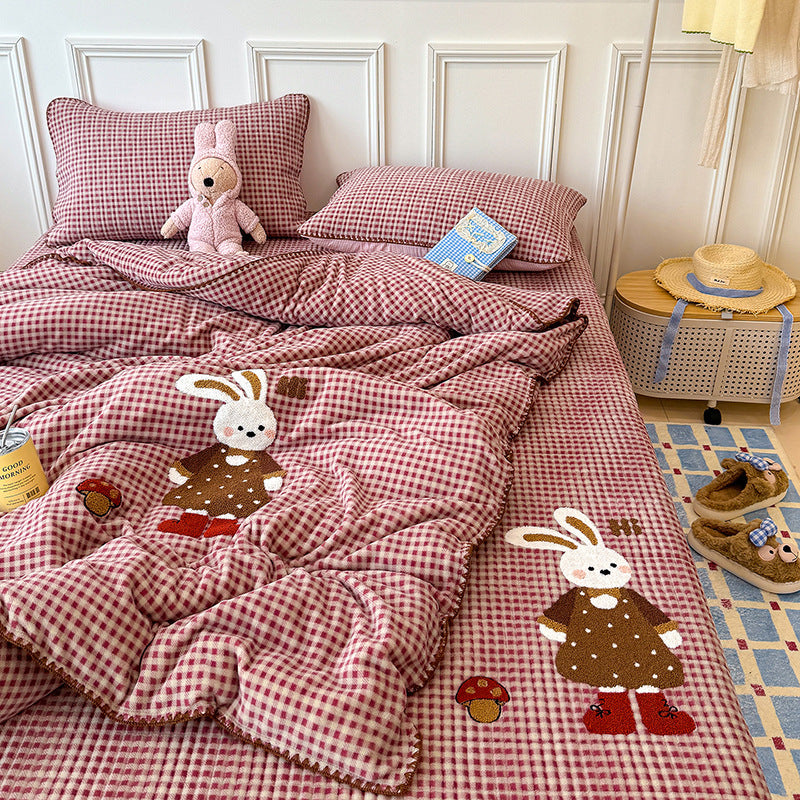 Milchfaser-Fleece-Bettwäsche-Set mit Cartoon-Stickerei