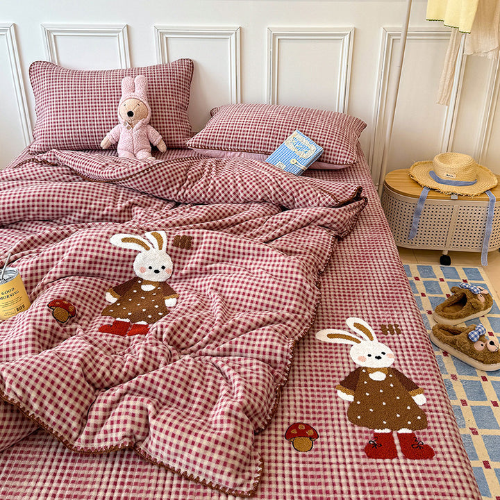 Milchfaser-Fleece-Bettwäsche-Set mit Cartoon-Stickerei