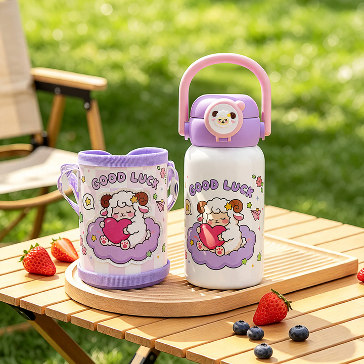 Kinderthermosflasche mit Saugnapf und Trinkhalm