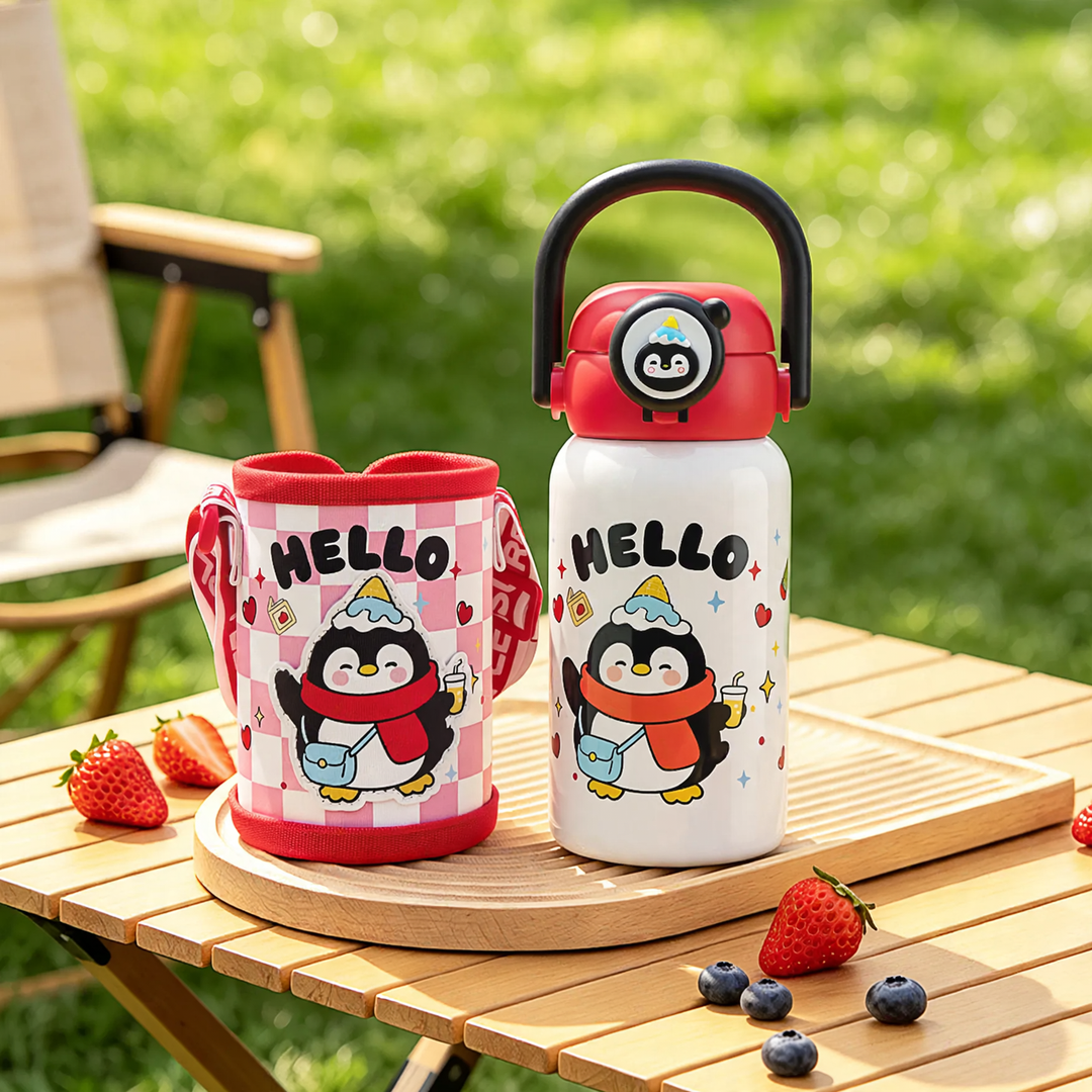 Kinderthermosflasche mit Saugnapf und Trinkhalm