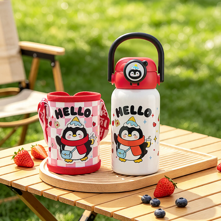 Kinderthermosflasche mit Saugnapf und Trinkhalm