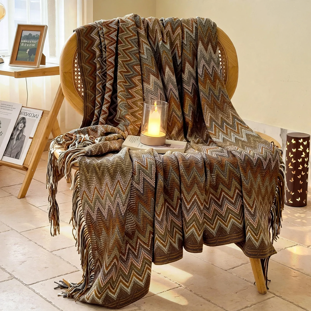Boho-Wolldecke, Geometrisches Muster, mit Fransen