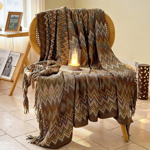 Boho-Wolldecke, Geometrisches Muster, mit Fransen