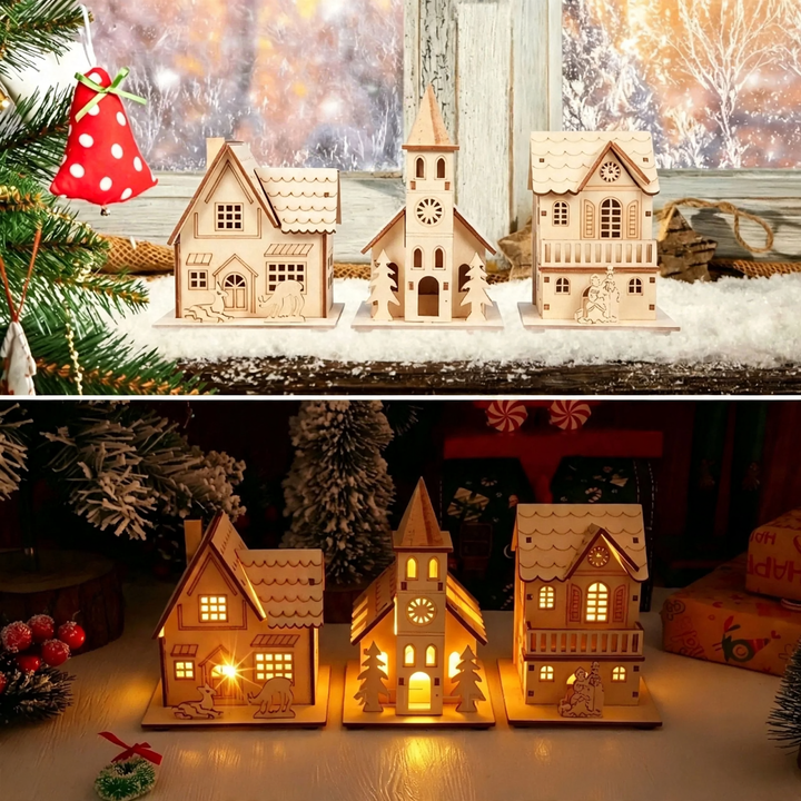 Beleuchtetes Holz-Weihnachtshaus, Tischdekoration