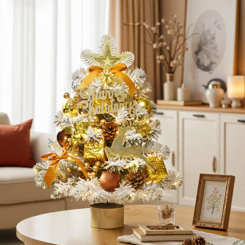 Beflockter Mini-Weihnachtsbaum mit Holzsockel, 45-60 cm