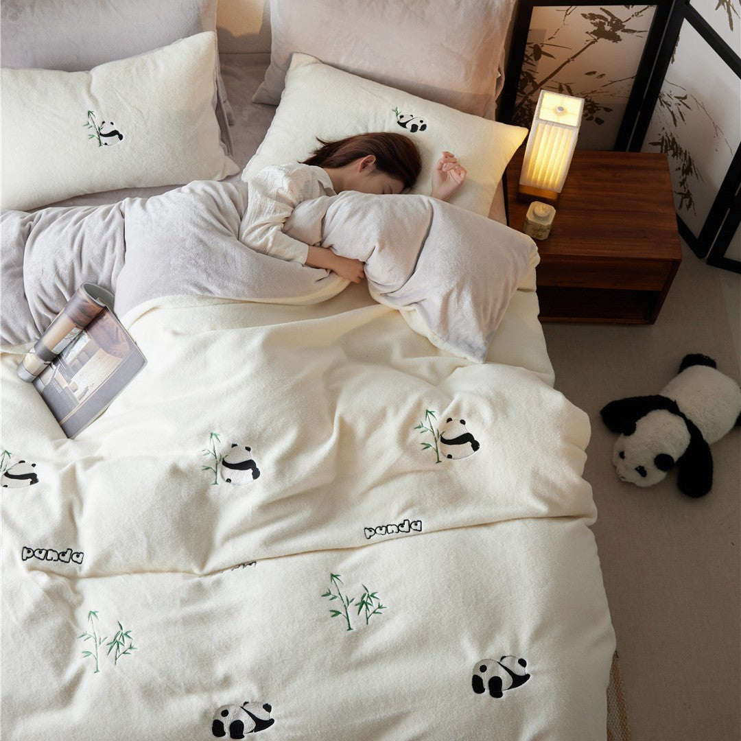 Panda-Bettwäsche-Set, Milchfleece, 4-teilig, winterwarm