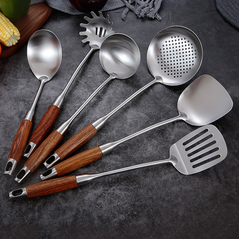 Küchenbesteck-Set aus Edelstahl mit Holzgriffen