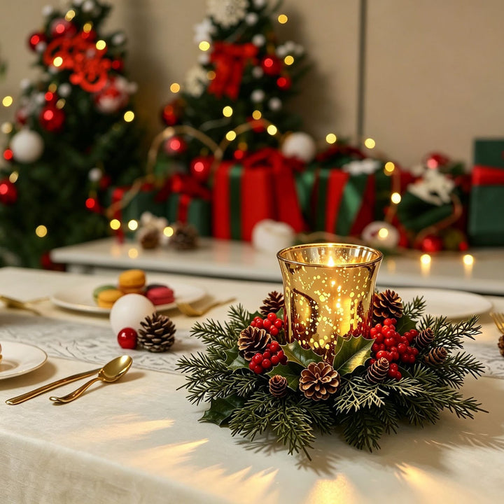 Weihnachtlicher Kerzenkranz mit roten Beeren und Tannennadeln