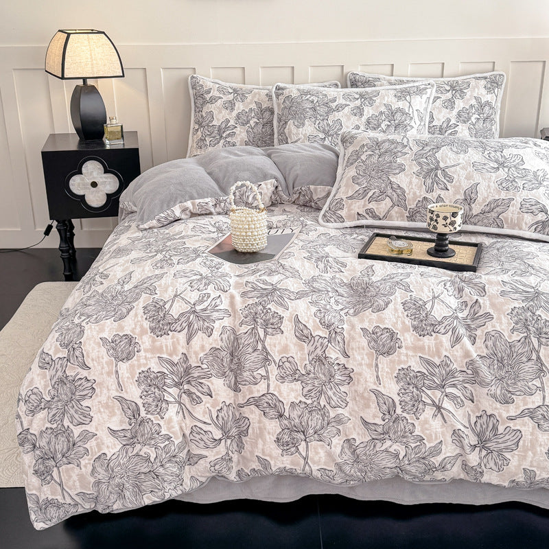 Französisches Milchfleece-Bettwäsche-Set, floral, warm