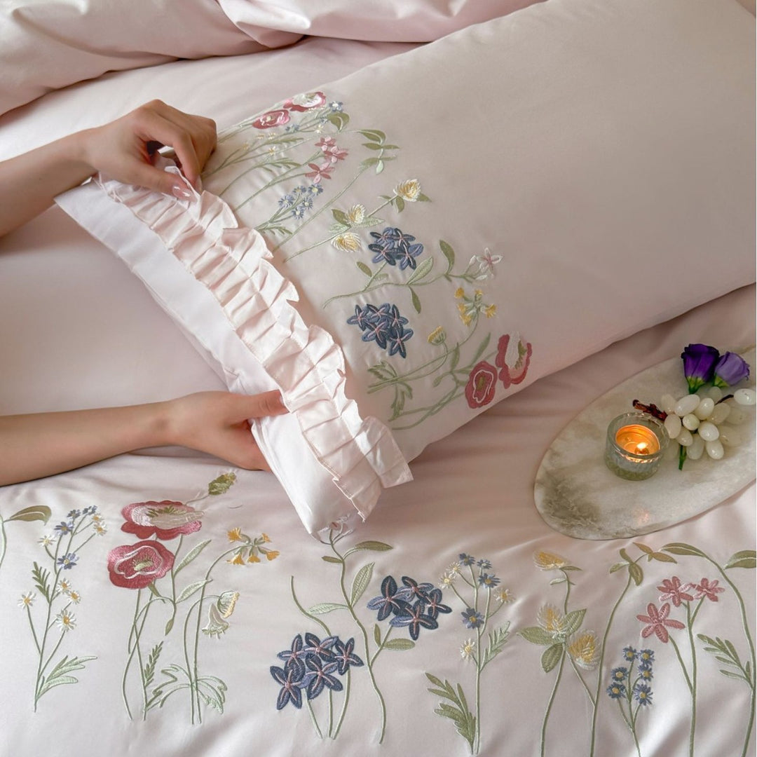Französisches Baumwoll-Bettwäscheset mit Stickerei und Spitze