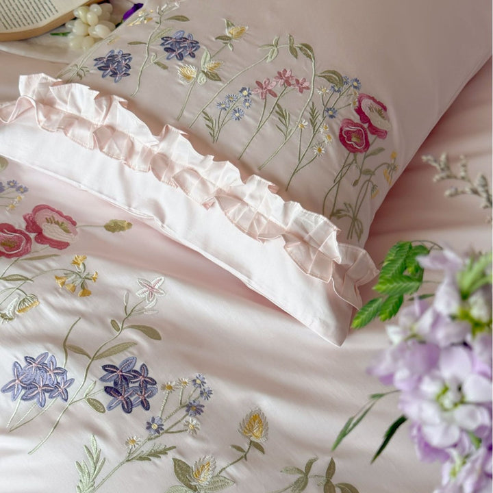 Französisches Baumwoll-Bettwäscheset mit Stickerei und Spitze