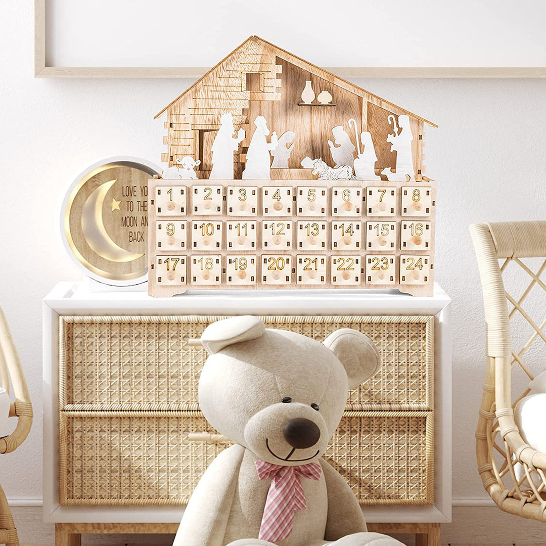 LED-Adventskalender aus Holz, Krippenszene