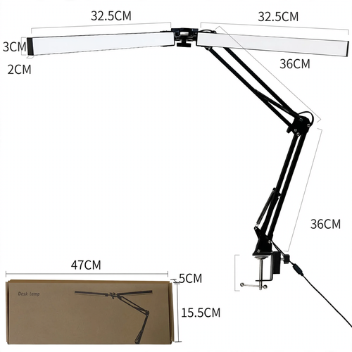 Doppelkopf-LED-Klemmlampe mit langem Arm