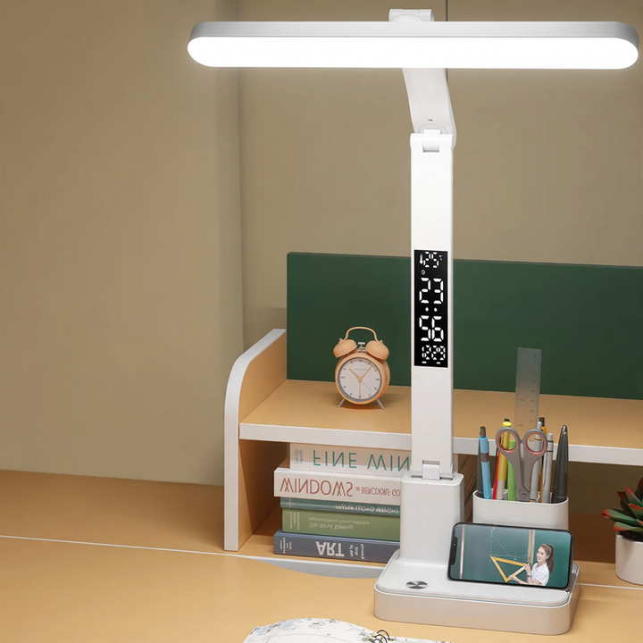LED-Schreibtischlampe mit Vollspektrumlicht und Uhranzeige