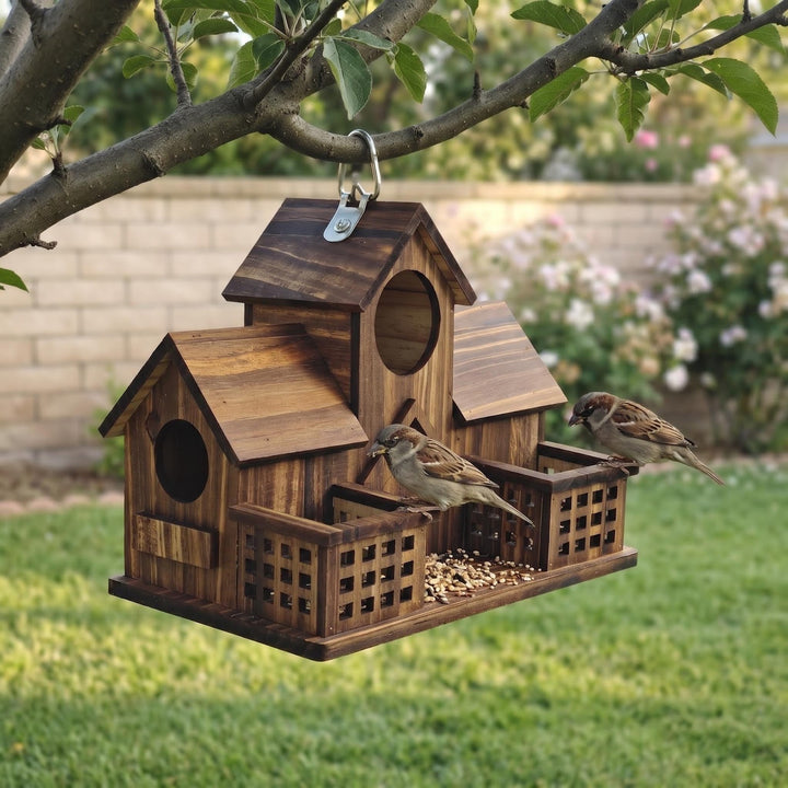 Vogelhaus aus Kiefernholz mit Futterstation