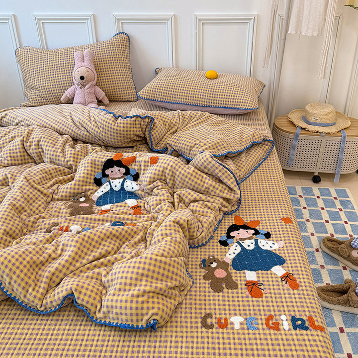 Milchfaser-Fleece-Bettwäsche-Set mit Cartoon-Stickerei