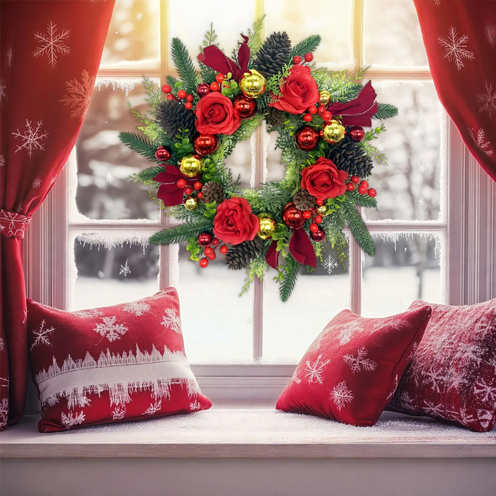 Weihnachtskranz mit Rosen und Goldkugeln, 50 cm