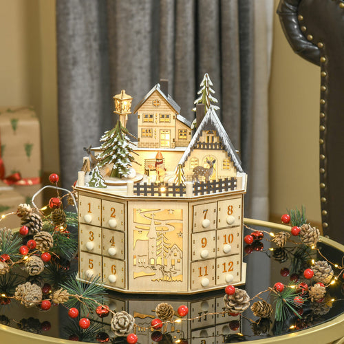 Holz-Adventskalender mit Musik und Dorf-Szene