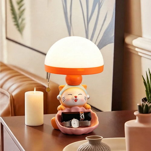 Cartoon-Katzentischlampe mit Stauraum