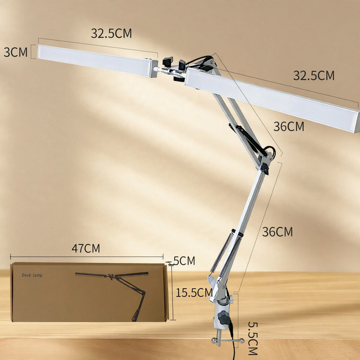Doppelkopf-LED-Klemmlampe mit langem Arm