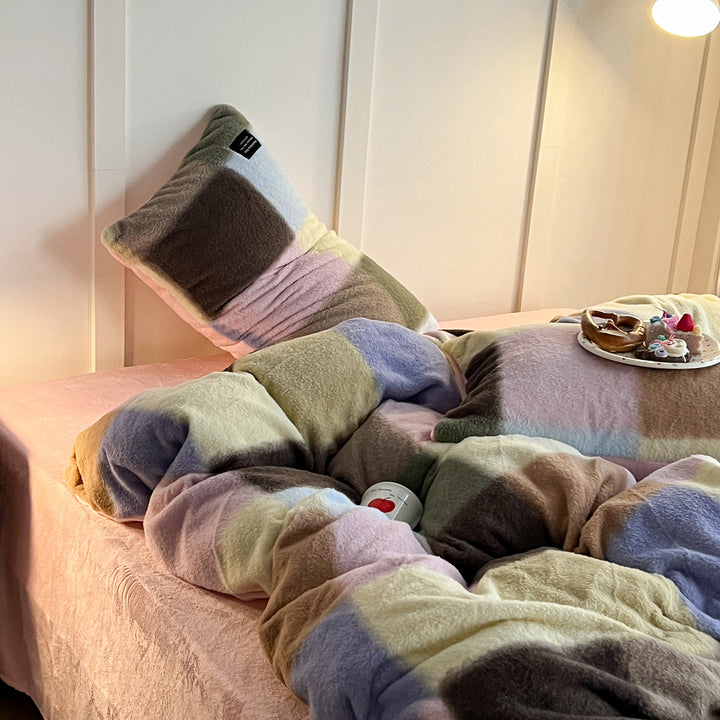 Milchfaser-Fleece Bettwäsche-Set, kariert, winterwarm