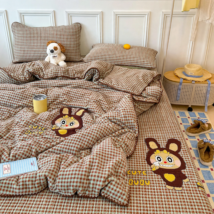 Milchfaser-Fleece-Bettwäsche-Set mit Cartoon-Stickerei