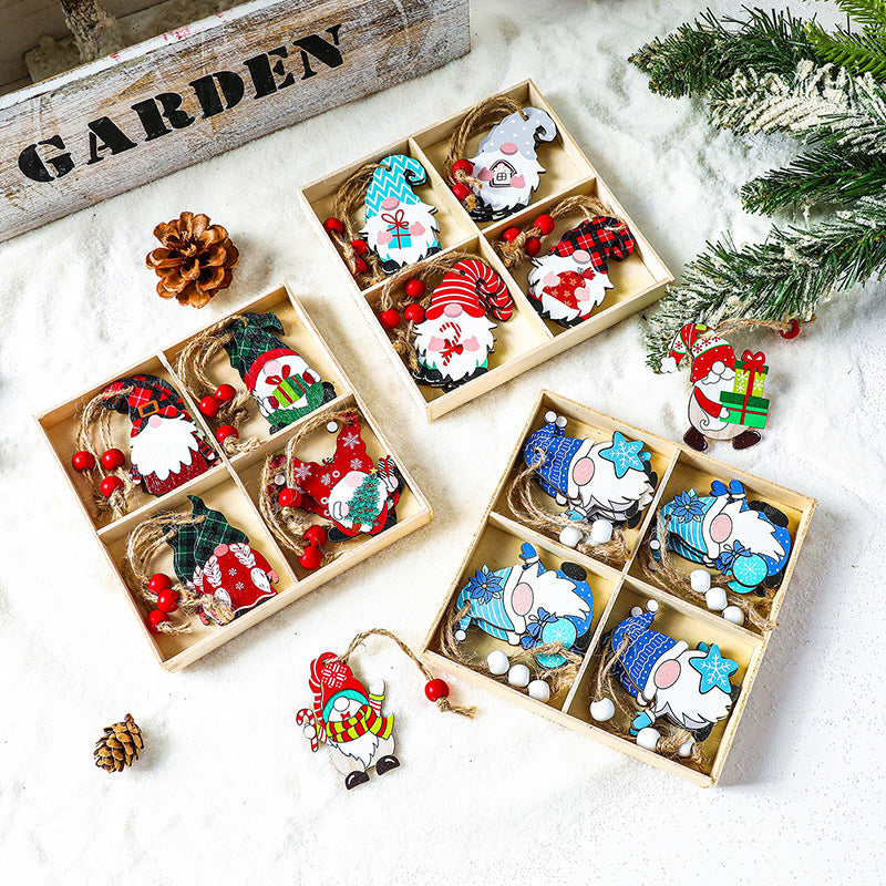 Weihnachts-Holzanhänger-Set, 4-teilige Box mit Wichtel-Motiven