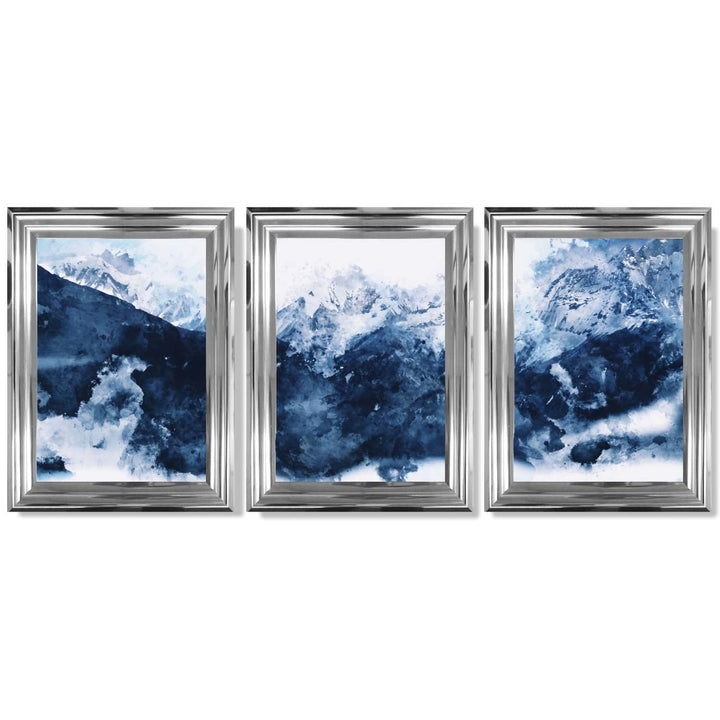 Abstrakte marineblaue Berge, Set mit 3 gerahmten Kunstdrucken