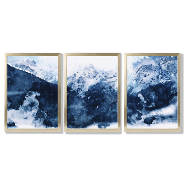 Abstrakte marineblaue Berge, Set mit 3 gerahmten Kunstdrucken
