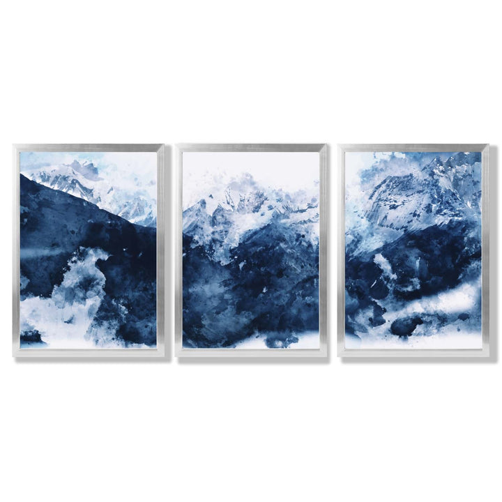 Abstrakte marineblaue Berge, Set mit 3 gerahmten Kunstdrucken